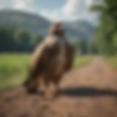 Integrating Fake Hawks in Rural Environments A serene rural landscape where fake hawks are integrated into the environment for pigeon control.