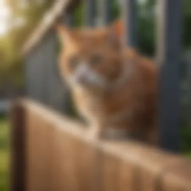 A close-up of a roller installed on a wooden fence top, demonstrating its design and functionality for cat containment.