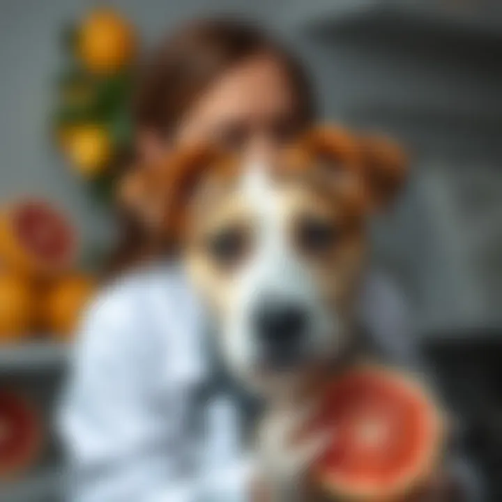 A veterinarian examining a dog with grapefruit in the background