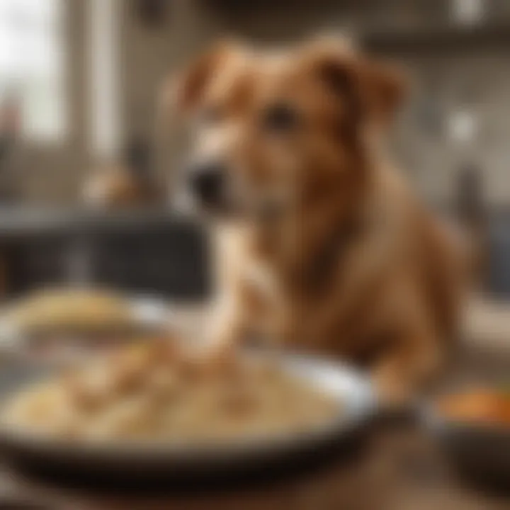 A dog enjoying a homemade chicken and rice meal