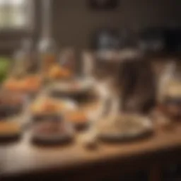 A variety of safe home foods for cats arranged on a table