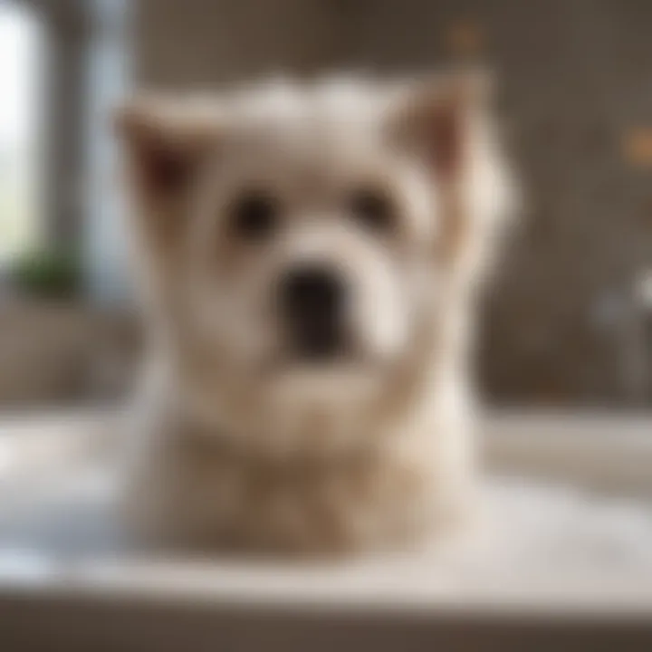 A fluffy dog enjoying a bath in a bathtub filled with bubbles.