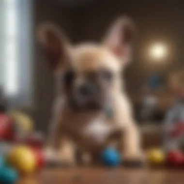 A playful French Bulldog puppy surrounded by toys