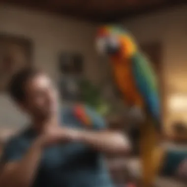 Macaw Bonding with Its Owner A cozy living room featuring a macaw interacting playfully with its owner.