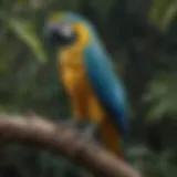 A vibrant blue and gold macaw perched on a branch in a lush environment.