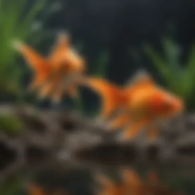 Different types of goldfish showcasing their colors and patterns in a natural setting.