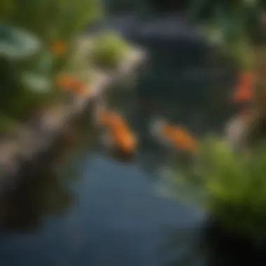 A vibrant outdoor pond filled with goldfish swimming freely among aquatic plants.