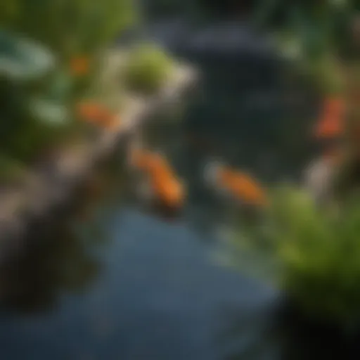 A vibrant outdoor pond filled with goldfish swimming freely among aquatic plants.