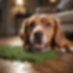 A dog licking the floor in a cozy living room setting