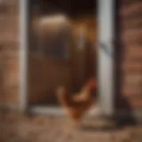 A modern wifi-controlled chicken coop door in a rural setting