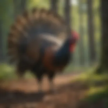 A wild turkey in a forest environment, emphasizing its natural behavior.