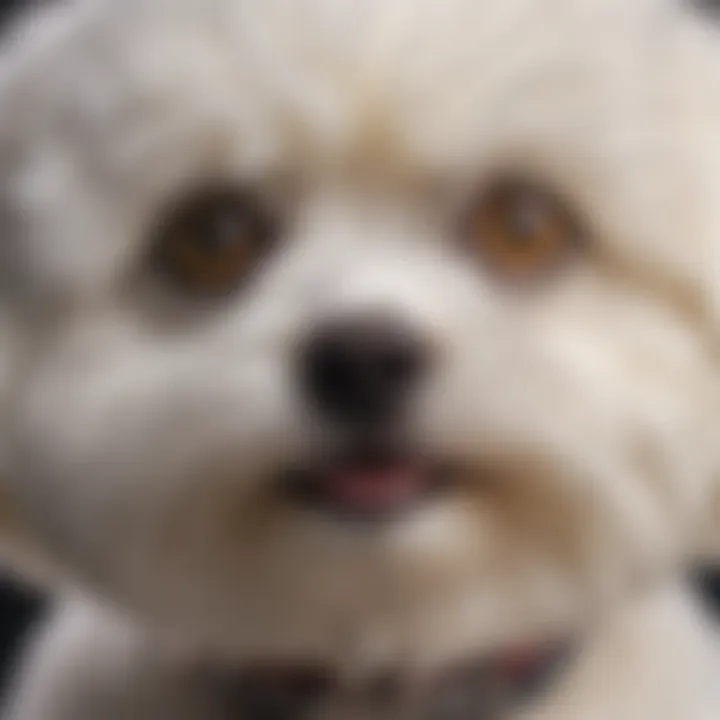 Close-up portrait of a Yorkshire Bichon mix highlighting its fluffy coat and expressive eyes.