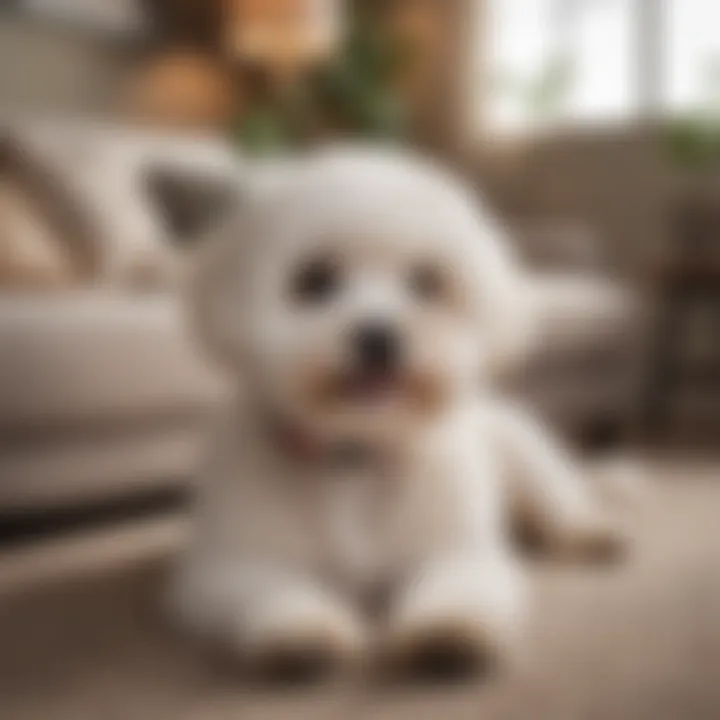 A Yorkshire Bichon mix resting comfortably in a cozy living room.