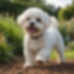 A Yorkshire Bichon mix showcasing its playful nature in a sunny garden.